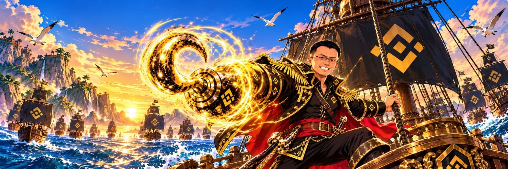 Wide banner: the captain on deck in front of a fleet at sunset