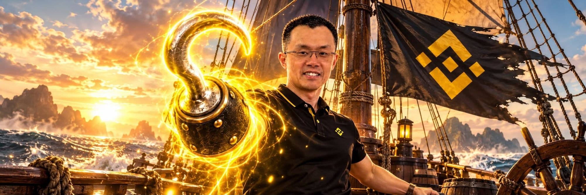 Wide banner: the captain on a ship at sunset with the hook