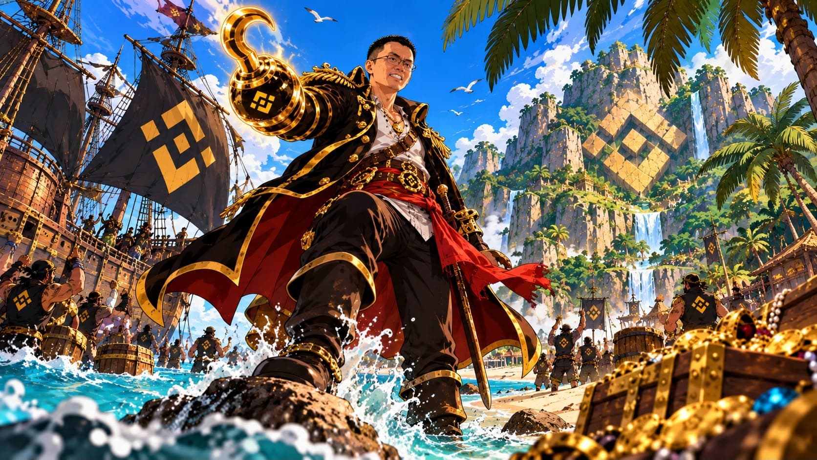 The captain wades ashore on a tropical island with treasure chests