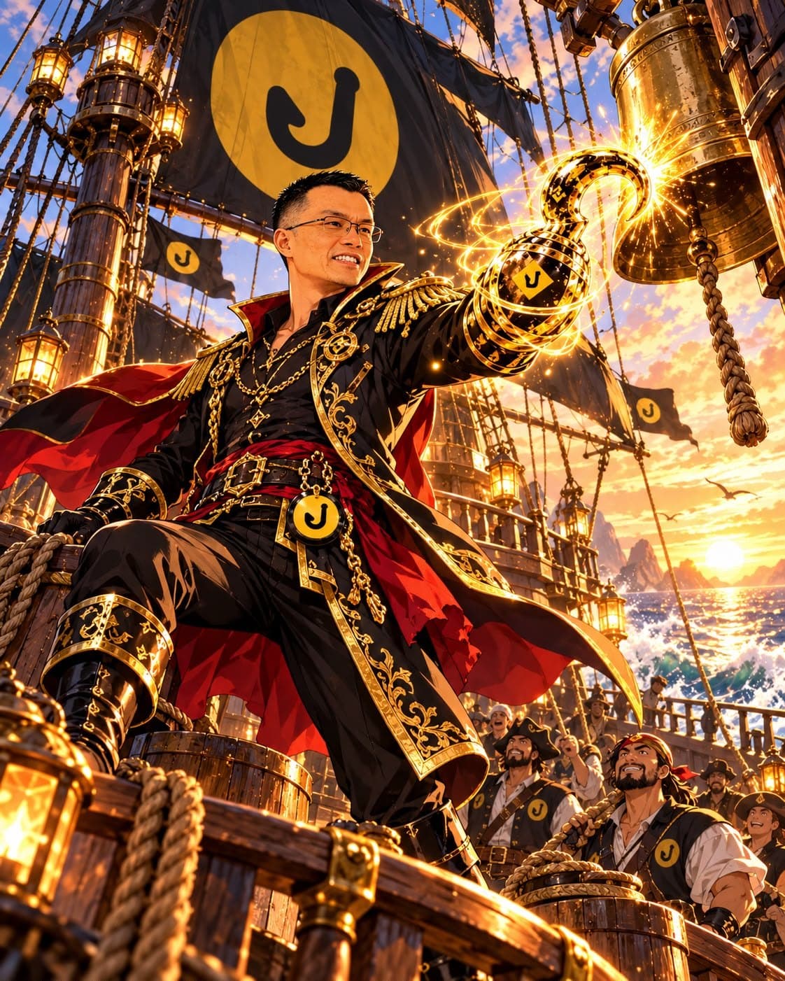 The captain rings the ship's bell with his golden hook as the crew cheers