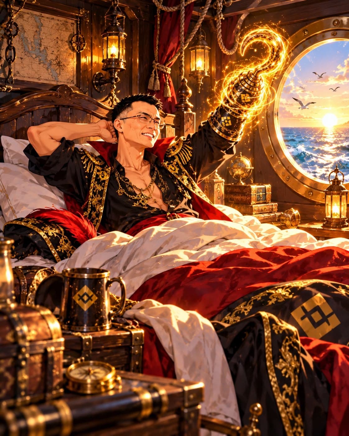 The captain wakes up relaxed in his cabin, hook raised to the sunrise