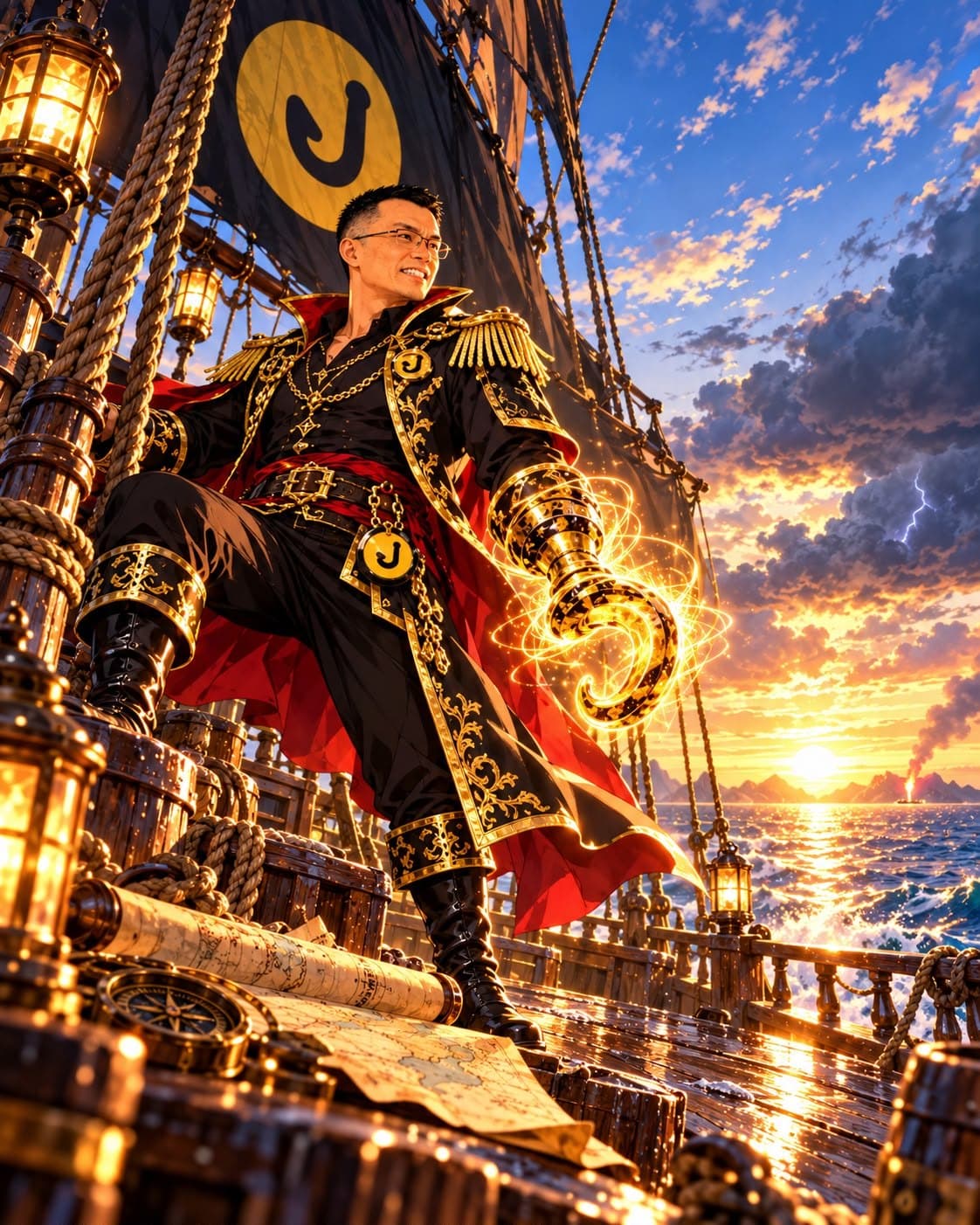 The captain on deck at sunset, golden hook raised, the hook flag on the sail