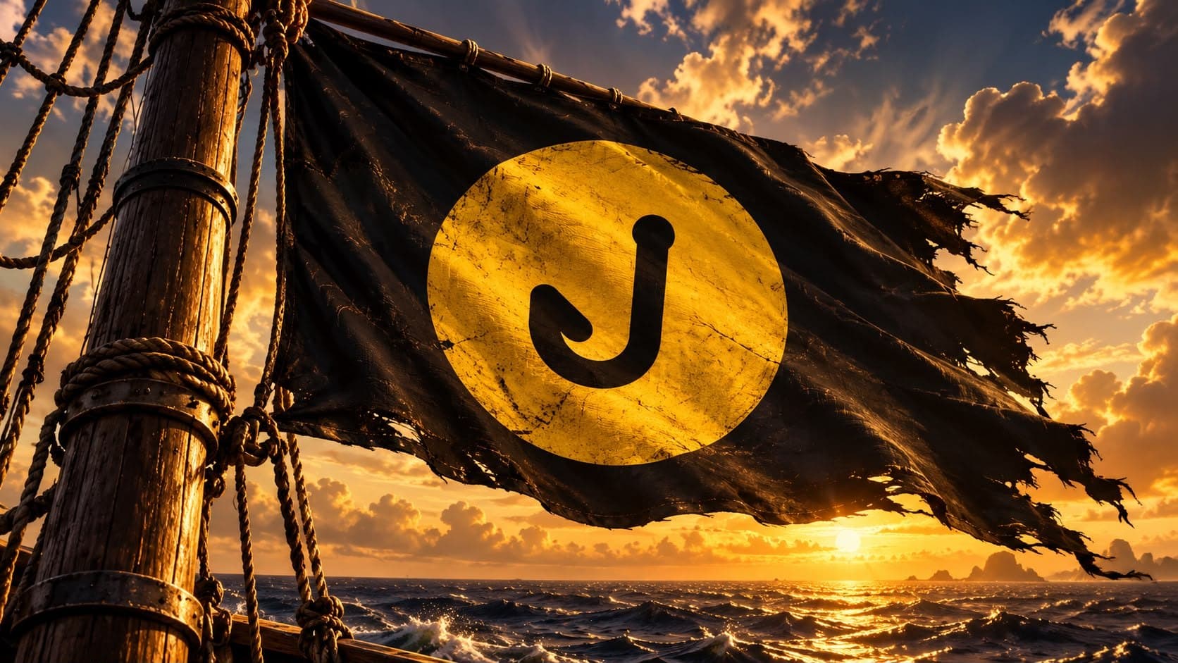 A torn black flag with the gold hook coin waving at sunset