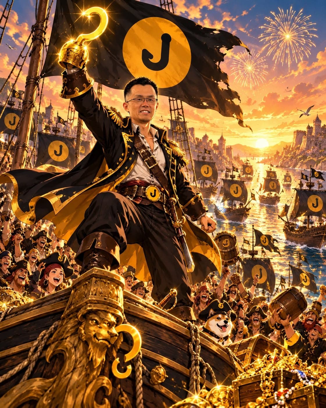 The captain raises the hook on the bow while a cheering crew and a whole fleet celebrate