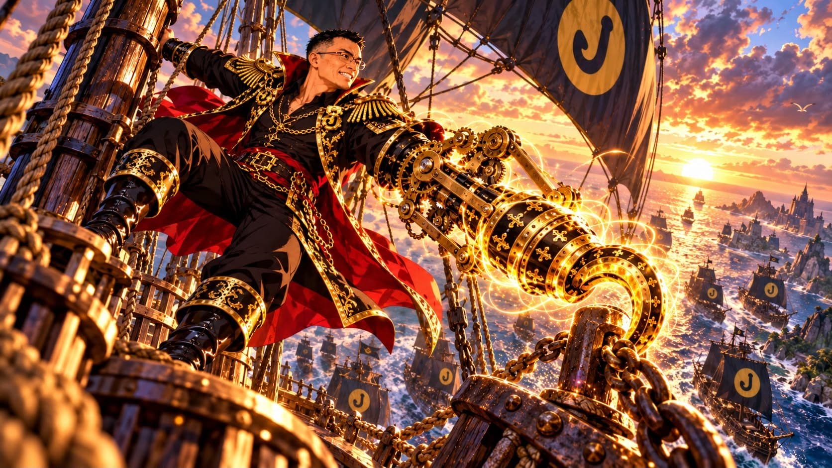 The captain hooks the anchor chain while the hook fleet sails behind him