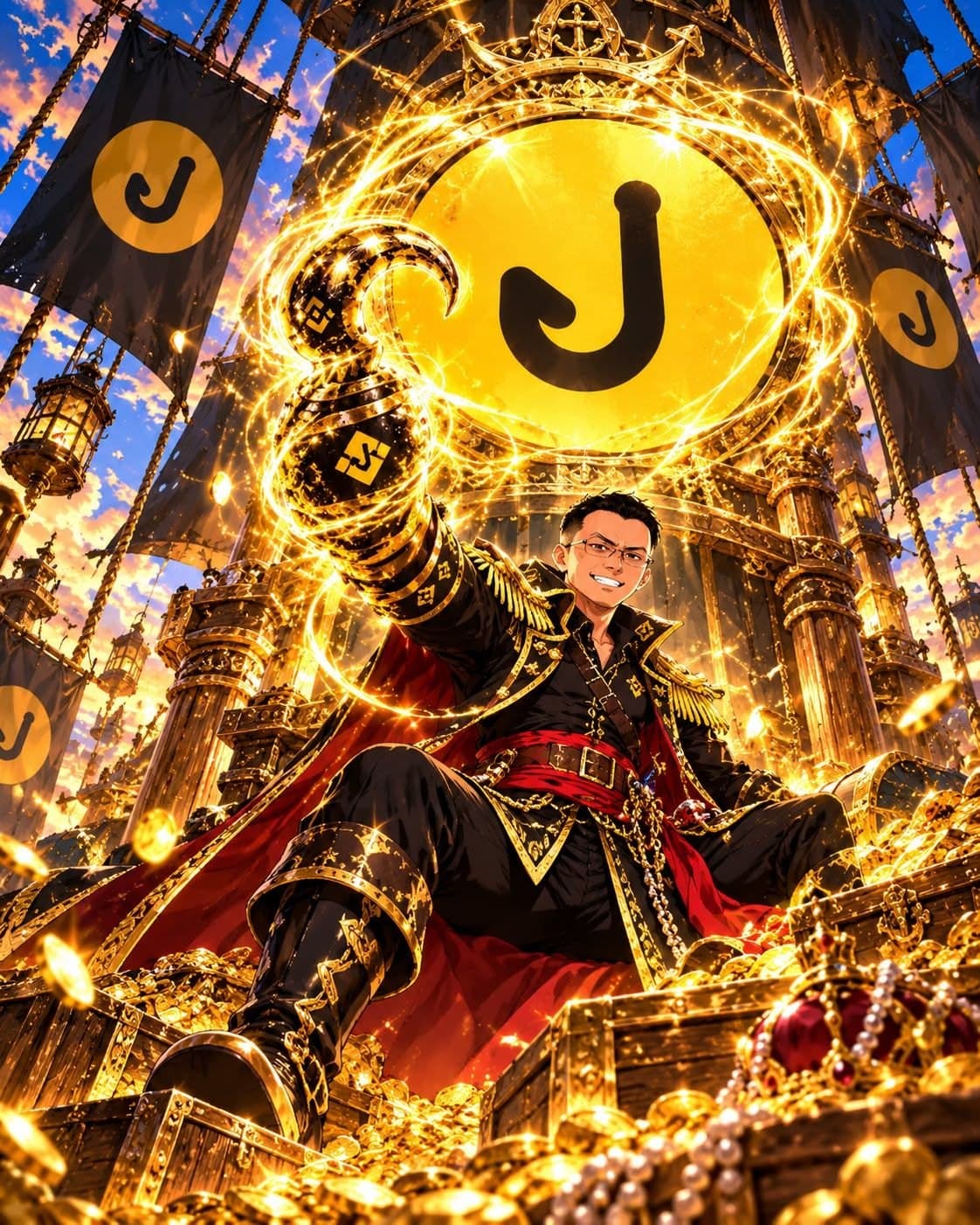 The captain on a throne of gold, the giant hook coin glowing behind him