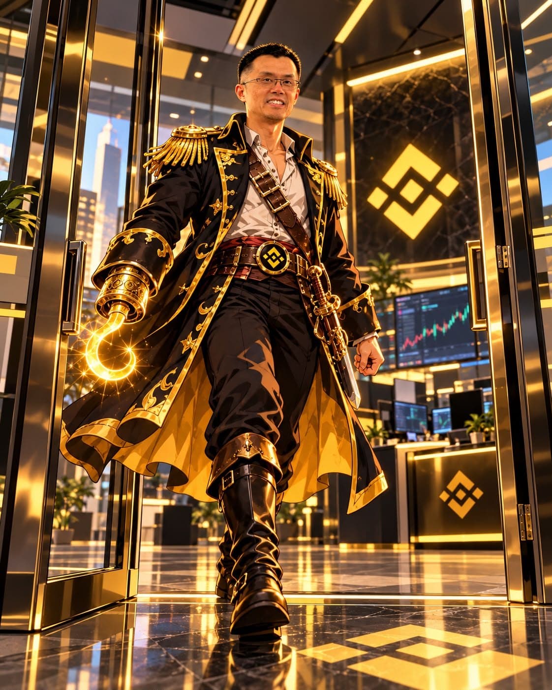 The captain in full pirate coat walks out of a glass office tower
